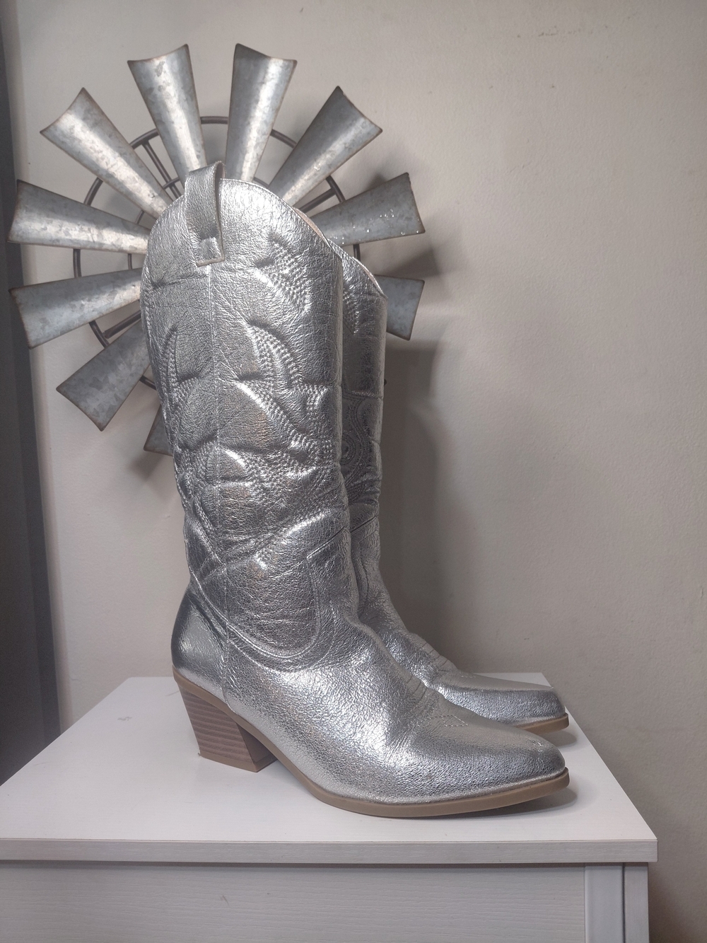 Women's Silver Cowboy Boots - Metallic Mid-Calf Westeen Boot